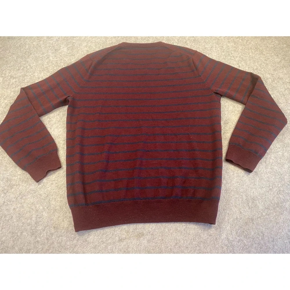 J Crew Merino Wool Burgundy Navy Striped V Neck Sweater Men M‎